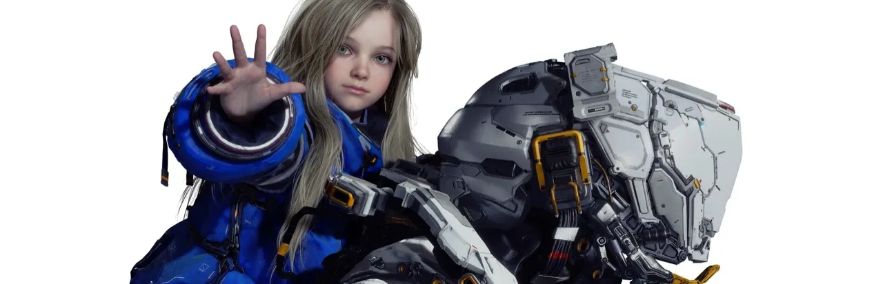 Official key art for Pragmata, showing a child in a blue suit beside a white android